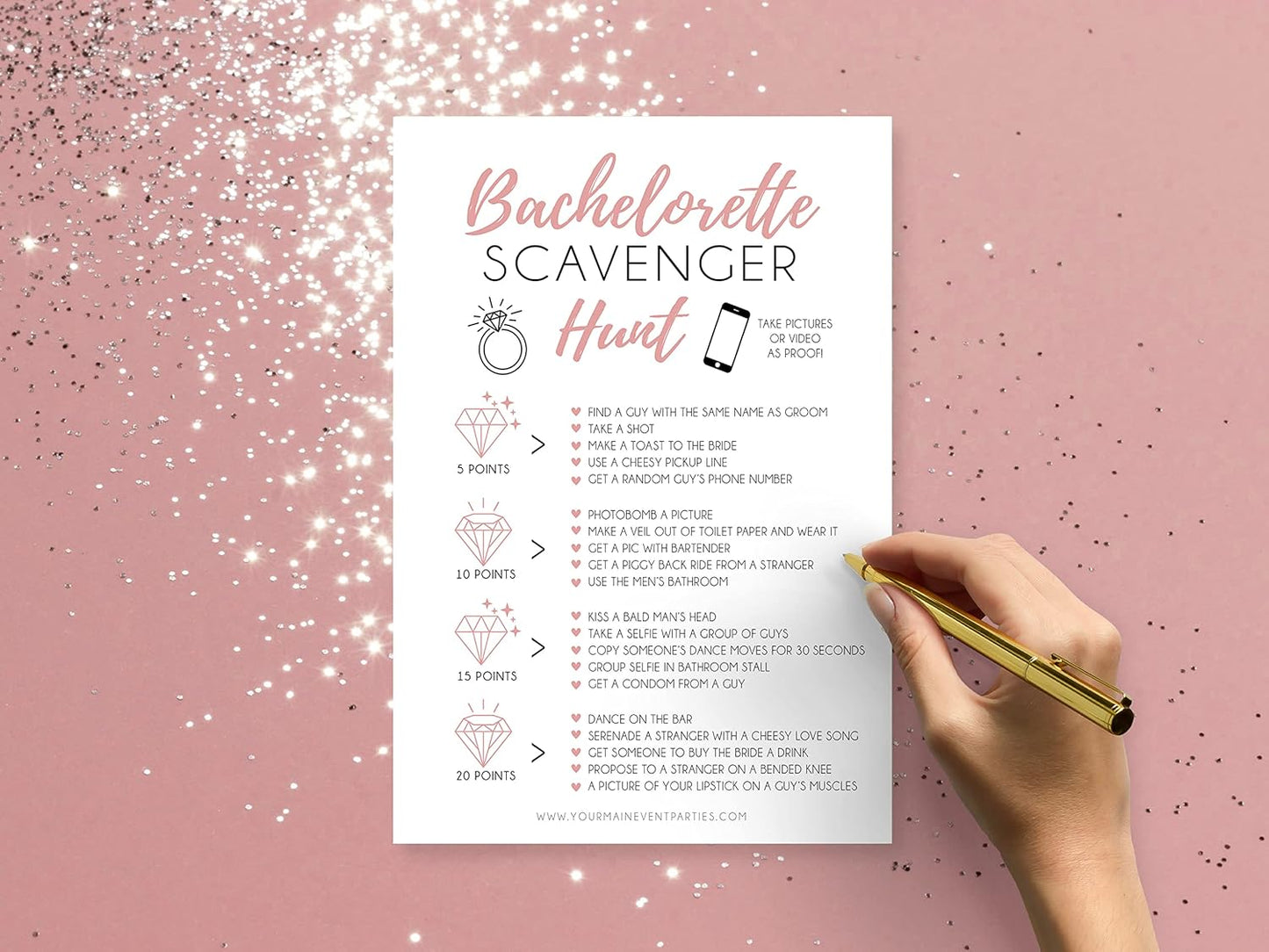 Your Main Event Prints 25 White Bachelorette Scavenger Hunt Party Games, Drinking Game and Dares, Fun Novelty Cards for Girls Night Out