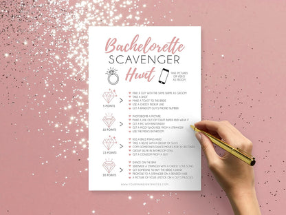 Your Main Event Prints 25 White Bachelorette Scavenger Hunt Party Games, Drinking Game and Dares, Fun Novelty Cards for Girls Night Out