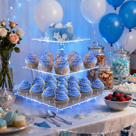 YestBuy Cupcake Stand with Yellow Led Lights, 4 Tier Cupcake Stand for 50 Cupcakes, Acrylic Cupcake Tower Stand, Clear Tiered Cupcake Holder for Birthday Cady Bar Décor Weddings, Parties Events