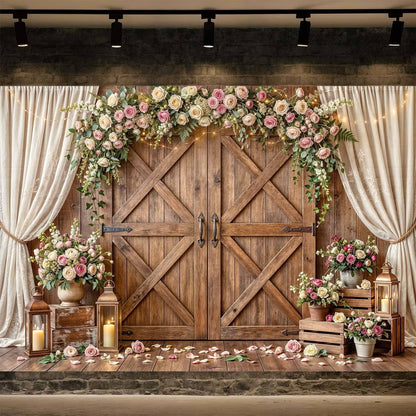 10x8ft Country Wedding Photography Backdrop Rustic Barn Door Photography Backdrop Farmhouse Pink Flower Cabin Wooden Birthday Baby Shower Wedding Bridal Party Banner Photo Booth Props Background
