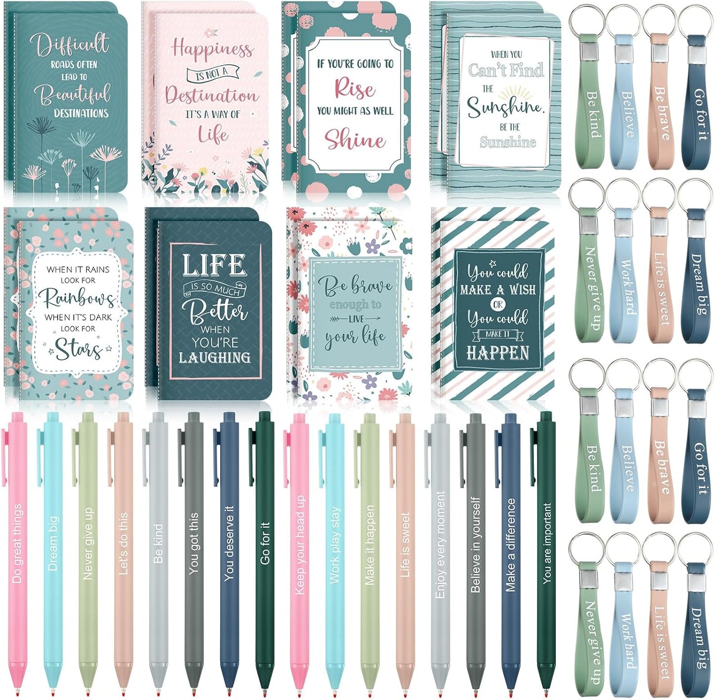 PerKoop 48 Pcs Inspirational Gifts Bulk Motivational Notepads Ballpoint Pens Keychains Set Modern Farmhouse Journal Notebooks Christian Gifts for Teachers School Office Party Favor Supplies