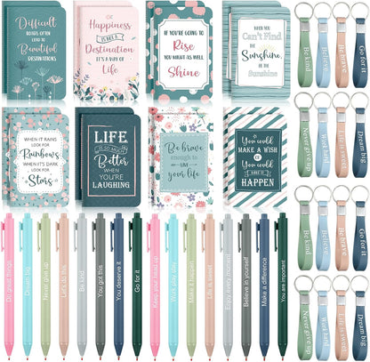 PerKoop 48 Pcs Inspirational Gifts Bulk Motivational Notepads Ballpoint Pens Keychains Set Modern Farmhouse Journal Notebooks Christian Gifts for Teachers School Office Party Favor Supplies