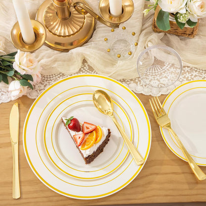 WELLIFE 350-Piece Gold Disposable Plates and Cutlery Set - Premium 10.25" Dinner Plates, 7.5" Dessert Plates, 9oz Cups & Cutlery for Weddings, Catering Events - 50 Guest Service - Elegant & Sturdy