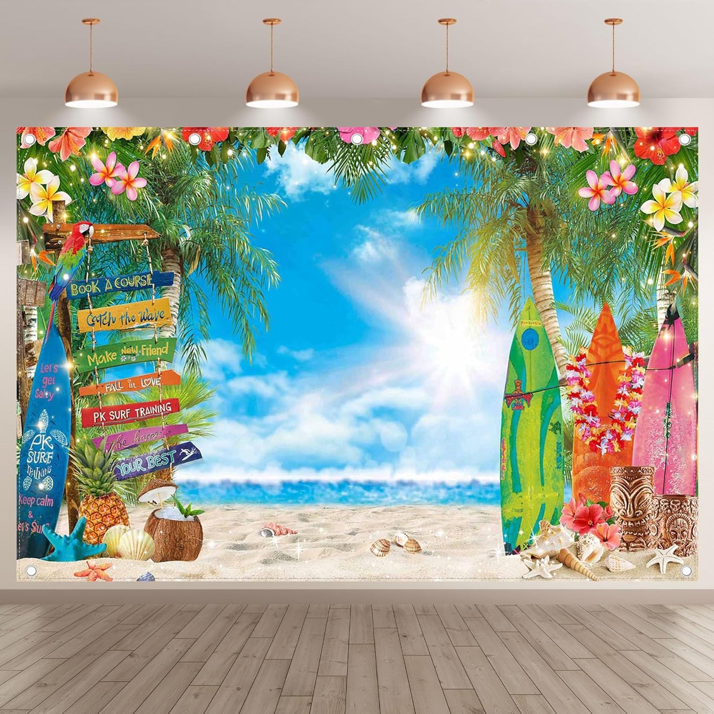 7x5ft Summer Hawaiian Beach Photography Backdrop Tropical Flower Palm Leaves Surfboard Background for Luau Aloha Party Decoration Banner Photo Booth