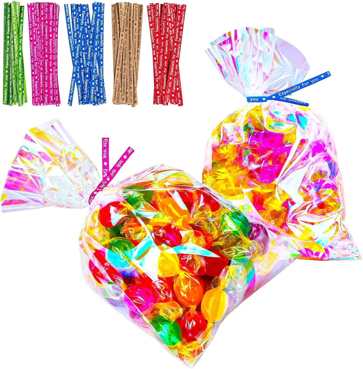 5x7 Inch Iridescent Cellophane Treat Bags with Twist Ties, Treat Bags for Candy Cookie Goodie Chocolates, And Popcorn