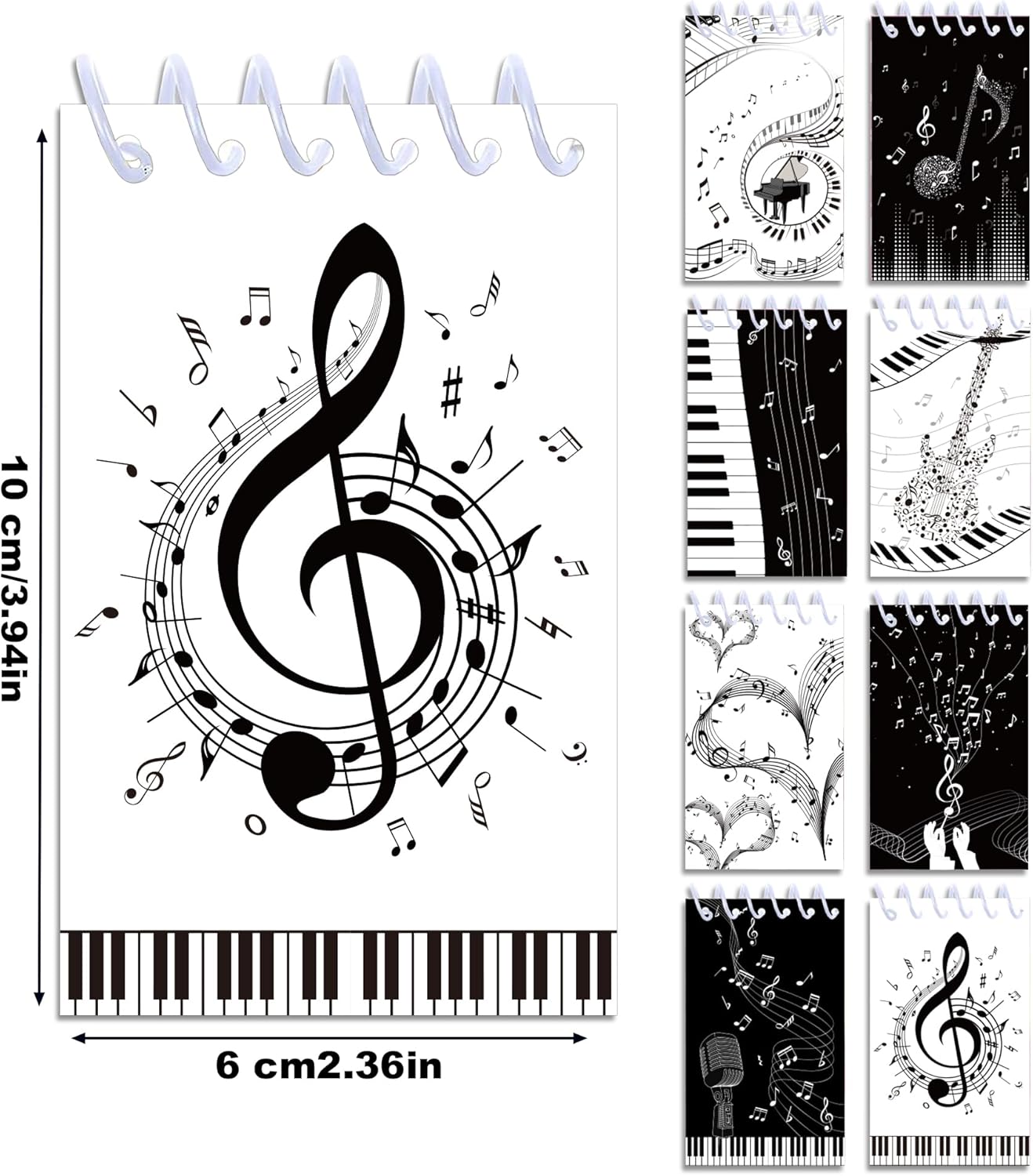 24 Pack Musical Notes Mini Spiral Notebook, Black and White Piano Pocket Notebook for Classroom Students Rewards, 16 Pages Portable Office Meeting Supplies