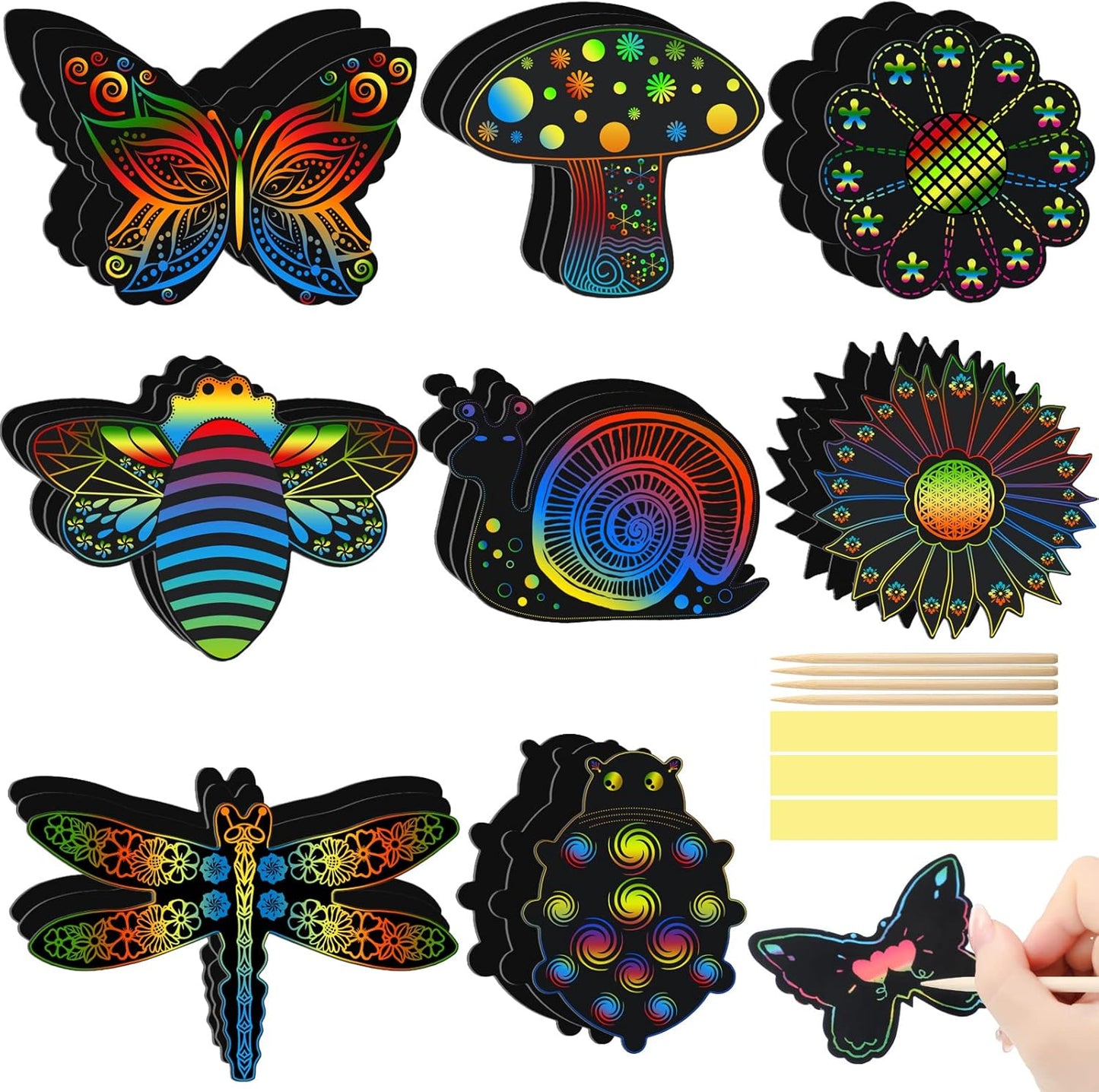 Eaasty 24 Pieces Animal Scratch Cards Butterfly Scratch Crafts Art Card Rainbow Spring Art Party Supplies for DIY Crafts Home Decoration Project, 8 Styles