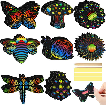 Eaasty 24 Pieces Animal Scratch Cards Butterfly Scratch Crafts Art Card Rainbow Spring Art Party Supplies for DIY Crafts Home Decoration Project, 8 Styles