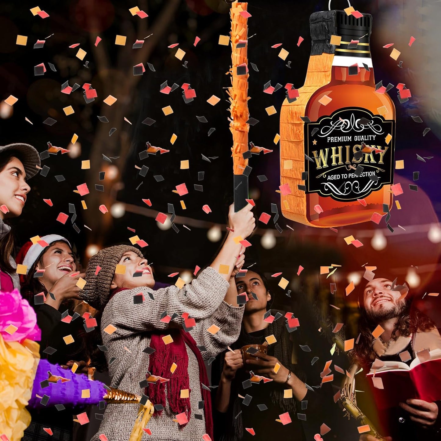Panelee Adult Piñata with Stick Tassel Blindfold Confetti Beer Mug Piñata Champagne Whisky Tequila Bottle Set for Adult Women Men Bachelor Birthday Wedding Anniversary Party(Whisky)