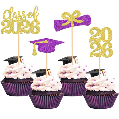 36 PCS 2026 Graduation Theme Cupcake Toppers Glitter Class of 2026 Grad Cap Diploma Cupcake Picks 2026 Graduation Theme Party Cake Decorations Supplies Deep Blue