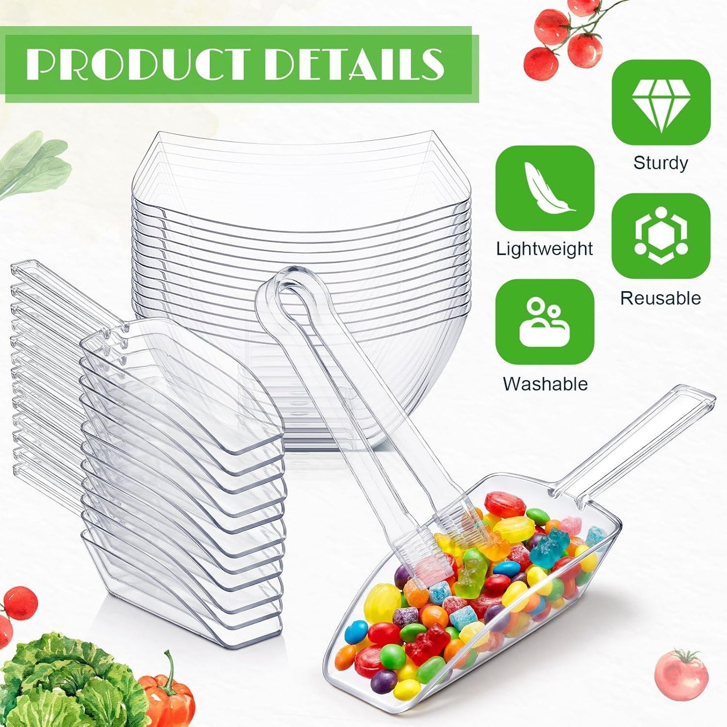 Vesici 48 Pcs 8 oz Clear Plastic Candy Bowls 24 Pcs with 12 Scoops and 12 Tongs Square Dessert Candy Bowl Buffet Containers Disposable Party Ice Cream Salad Dish for Serving Food Appetizers Supplies