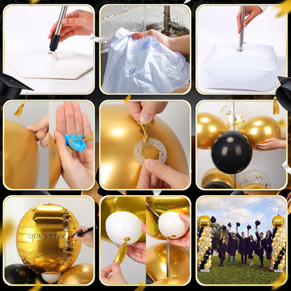 2 Sets Blue and Black White Graduation Balloon Column Stand Kit for Class of 2026, Adjustable Floor Balloon Arch Tower with Foil & Latex Balloons, DIY Decor for Grad Ceremony Backdrop