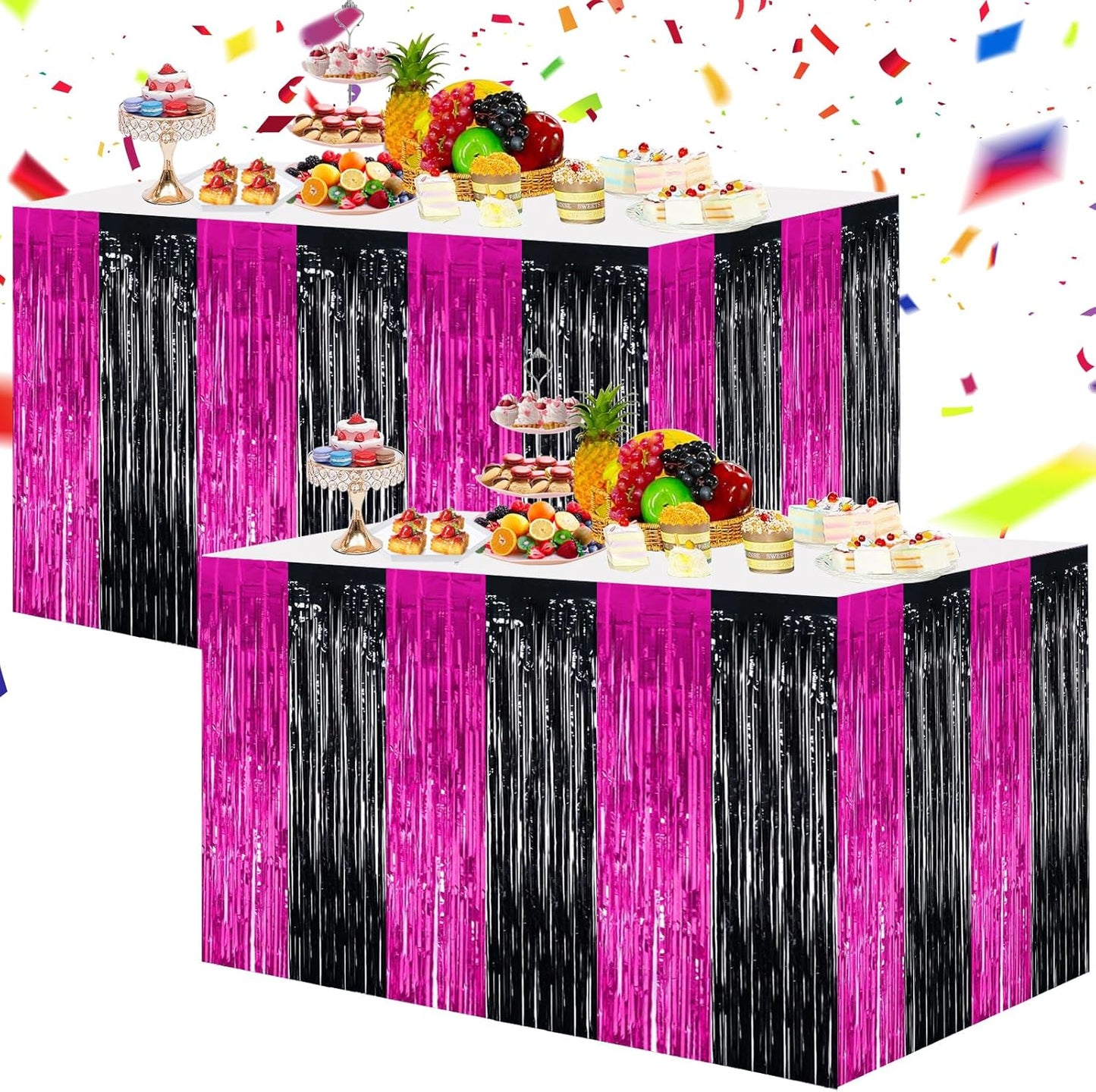 BEISHIDA 2 Pack Metallic Tinsel Foil Fringe Table Skirts for Rectangle & Round Tables Hot Pink Kids' Birthday, Holiday Cartoon Party Decorations for Birthday Valentines Baby Shower Festive Events