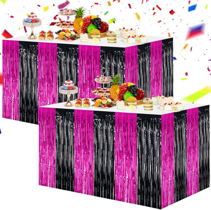 BEISHIDA 2 Pack Metallic Tinsel Foil Fringe Table Skirts for Rectangle & Round Tables Hot Pink Kids' Birthday, Holiday Cartoon Party Decorations for Birthday Valentines Baby Shower Festive Events