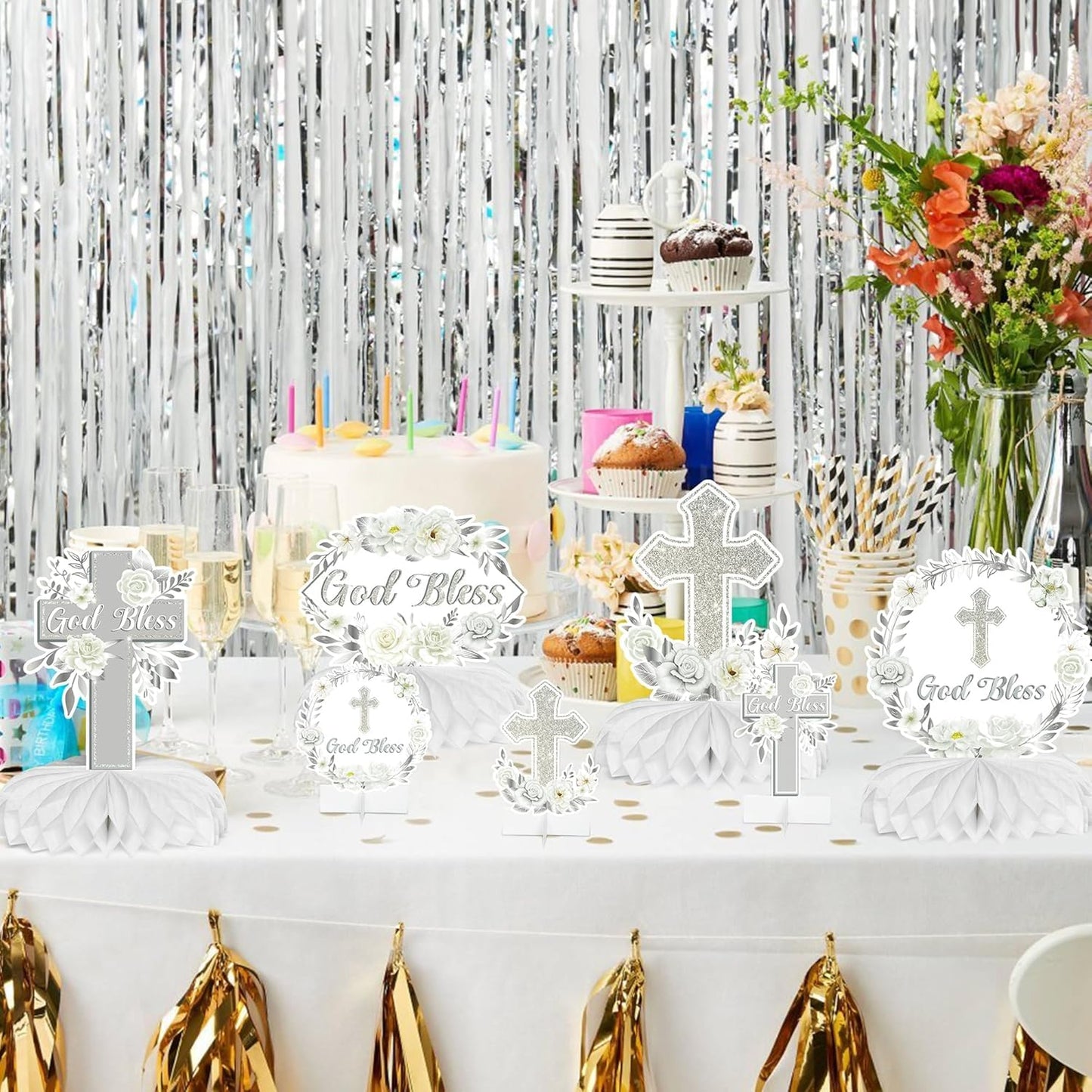 ANGOLIO Baptism Centerpieces Table Decorations - 12Pcs God Bless White Sliver Floral Honeycomb Centerpieces Party Supplies Cross Religious Table Toppers for Bible Baby Shower Birthday Party Favors