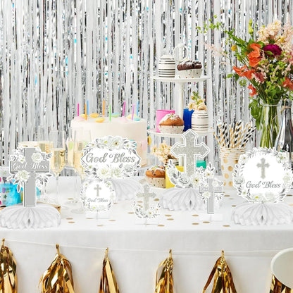 ANGOLIO Baptism Centerpieces Table Decorations - 12Pcs God Bless White Sliver Floral Honeycomb Centerpieces Party Supplies Cross Religious Table Toppers for Bible Baby Shower Birthday Party Favors