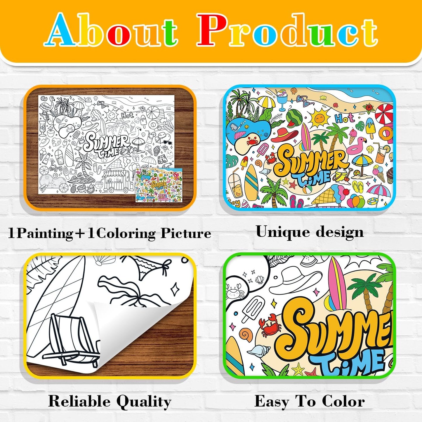 43.3x31.5 Summer Coloring Poster with Picture, Giant Cute Painting Poster, Large Coloring Tablecloth for Classroom Home Birthday Party Supplies Favor