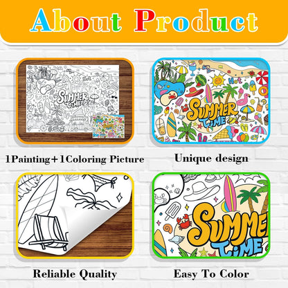 43.3x31.5 Summer Coloring Poster with Picture, Giant Cute Painting Poster, Large Coloring Tablecloth for Classroom Home Birthday Party Supplies Favor