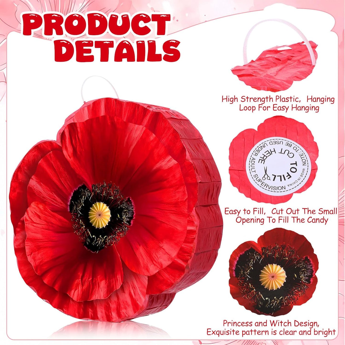 Kasyat Wizard Theme Party Decorations Red Poppy Piñata Game Set Poppy Flower Piñata with Bat Stick Blindfold Mask Birthday Party Decor for Red Floral Wizard Birthday Baby Shower Game Supplies (Flower)