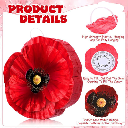 Kasyat Wizard Theme Party Decorations Red Poppy Piñata Game Set Poppy Flower Piñata with Bat Stick Blindfold Mask Birthday Party Decor for Red Floral Wizard Birthday Baby Shower Game Supplies (Flower)