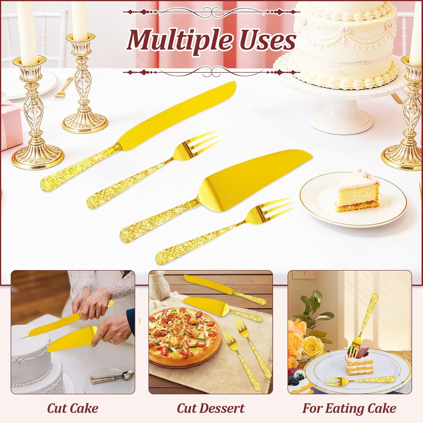 4 PCS Wedding Cake Knife and Server Set, Elegant Gold Cake Cutting Set with Engraved Handles and Forks for Wedding Anniversary, Engagement Party