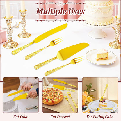 4 PCS Wedding Cake Knife and Server Set, Elegant Gold Cake Cutting Set with Engraved Handles and Forks for Wedding Anniversary, Engagement Party