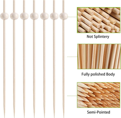 200 Pcs Cocktail Picks, 4.7 Inch Toothpicks for Appetizers, Bamboo Cocktail Sticks Skewers for Drinks, Desserts, Charcuterie, Wedding Party Fancy Toothpicks, Gold Pearl Mini Food Picks Decorative