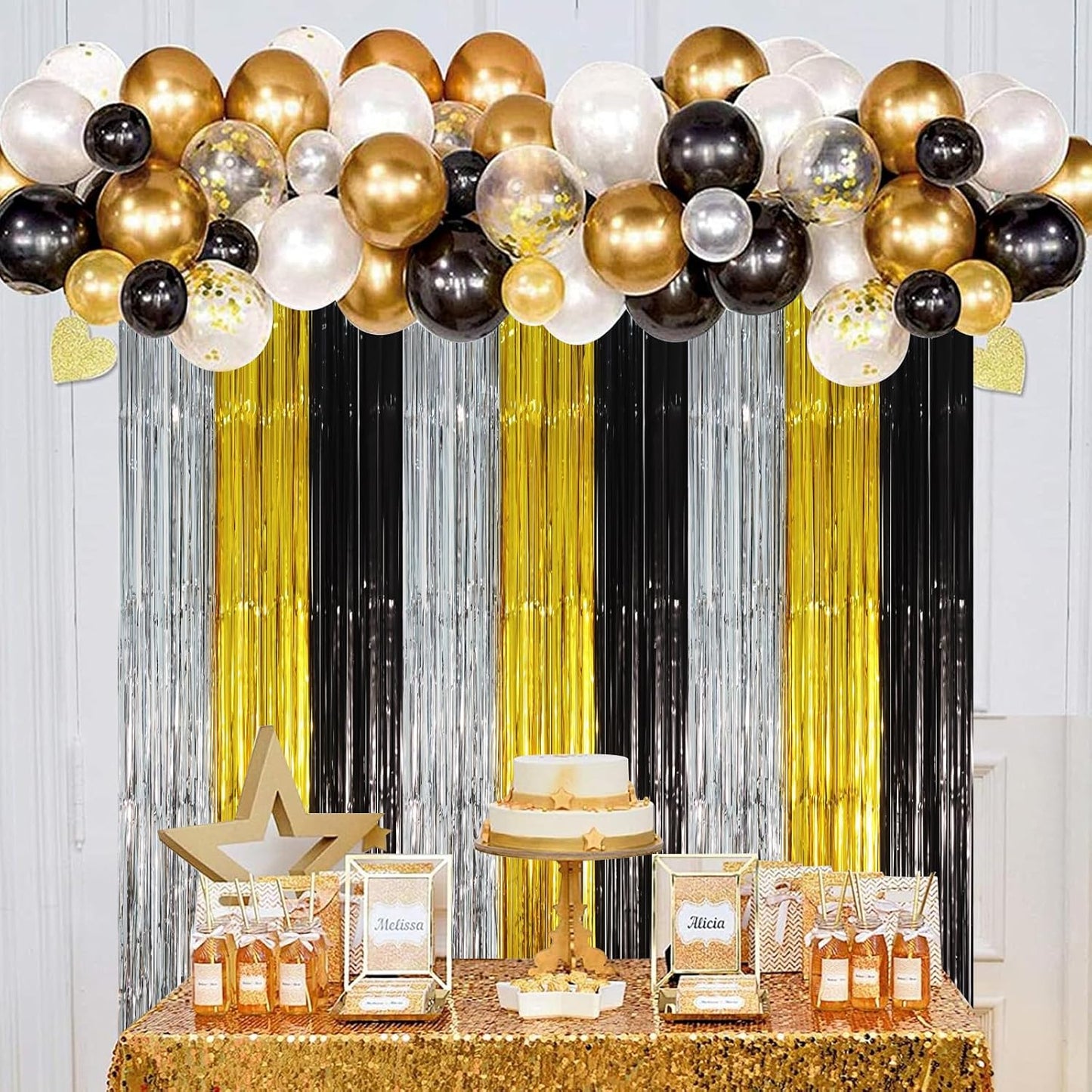 Voircoloria 3 Pack 3.3x8.2 Feet Gold Foil Fringe Backdrop Curtains, Tinsel Streamers, Fringe Backdrop for 2025 New Years Eve, Graduation, Birthday, Baby Shower, Gender Reveal, Disco Party - Colors A