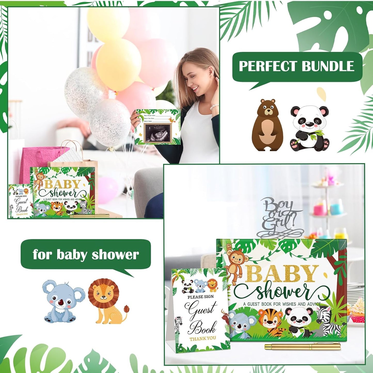 Fuyoooo 27 Pcs Safari Animal Baby Shower Guest Book Set Baby Shower Sign in Guest Floral Book Place Table Cards with Gold Pen Adhesive Photo Corner for Birthday Party