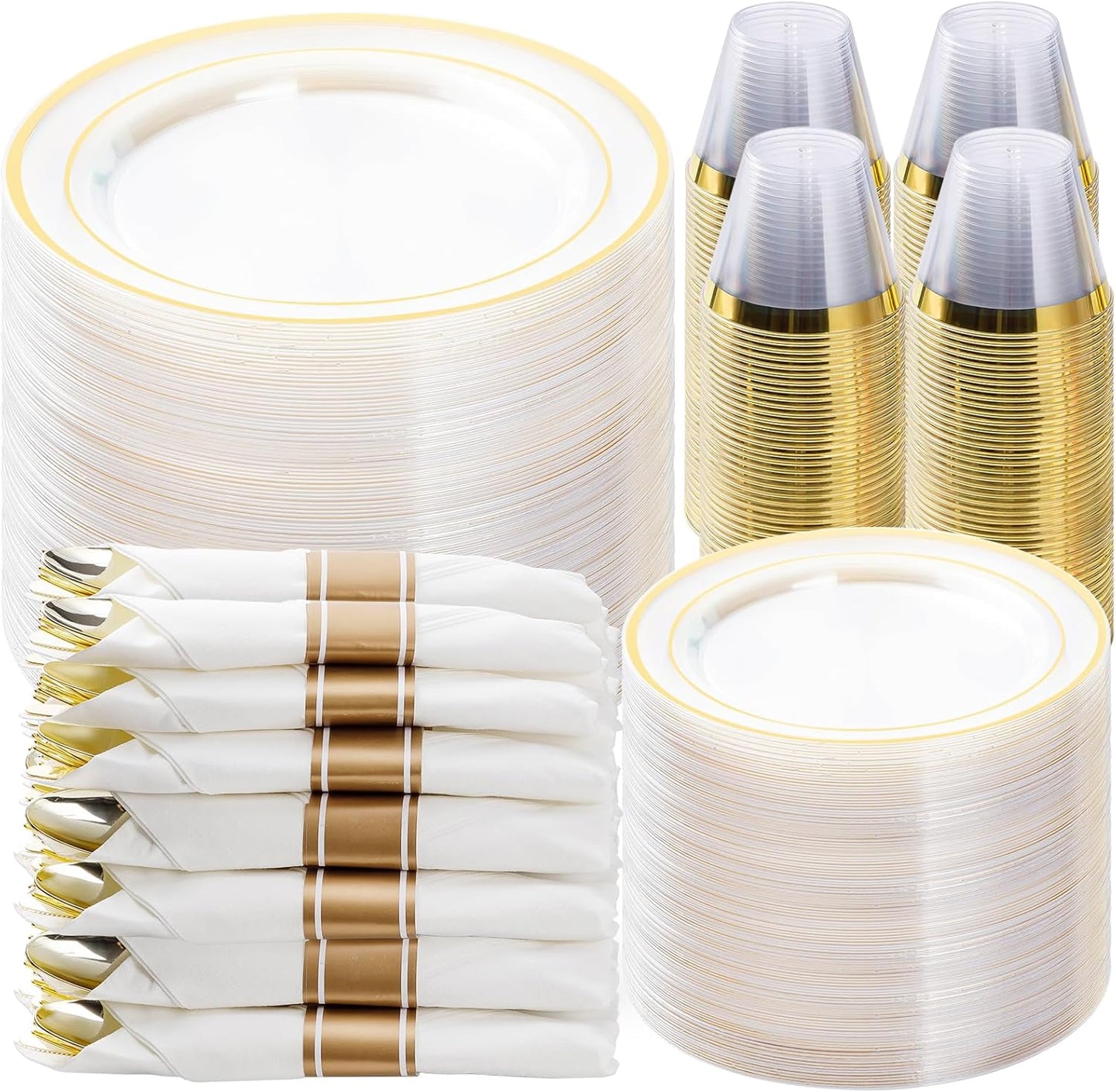 BESTVIP 350PCS Gold Plastic Dinnerware Set, Disposable Party Plates for 50 Guests, Include: 100 Plastic Plates, 50 Pre Rolled Napkins with Gold Silverware, 50 Cups