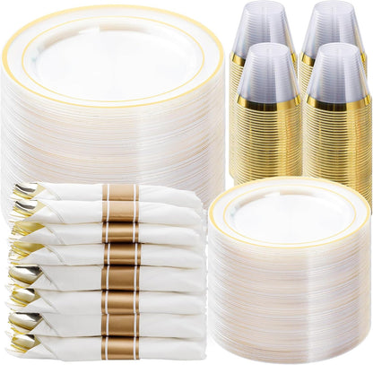 BESTVIP 350PCS Gold Plastic Dinnerware Set, Disposable Party Plates for 50 Guests, Include: 100 Plastic Plates, 50 Pre Rolled Napkins with Gold Silverware, 50 Cups