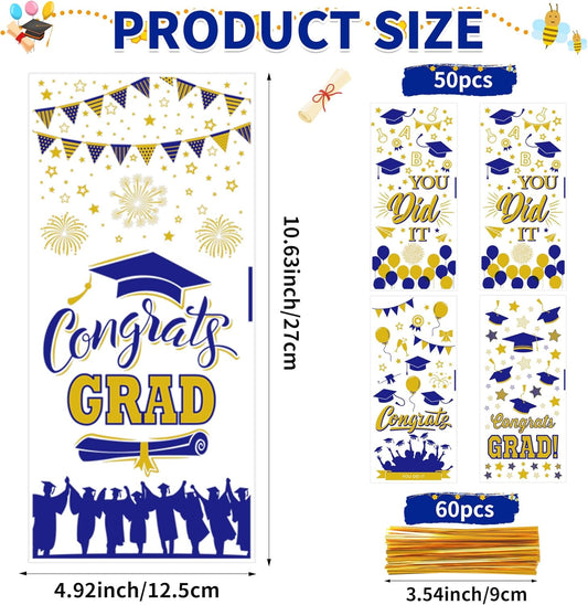 50 Pcs Royal Blue and Gold Graduation Treat Bags - 5" x 11" Congrats Grad Cellophane Goodie Bags with 60 Ties, Class of 2026 Royal Blue School Color Theme Party Favor Bags, Cookies & Candy Packaging