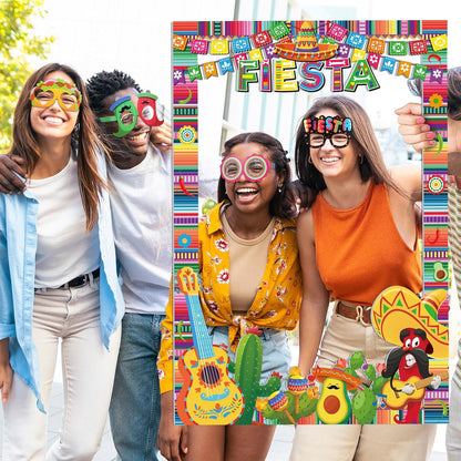 Pasimy Mexican Fiesta Party Decorations 17 Pcs Graduation Photo Booth Prop Kit 16 Fiesta Paper Eyeglasses with 1 Mexican Photo Booth Selfie Frame for Cinco De Mayo Birthday Party Supplies