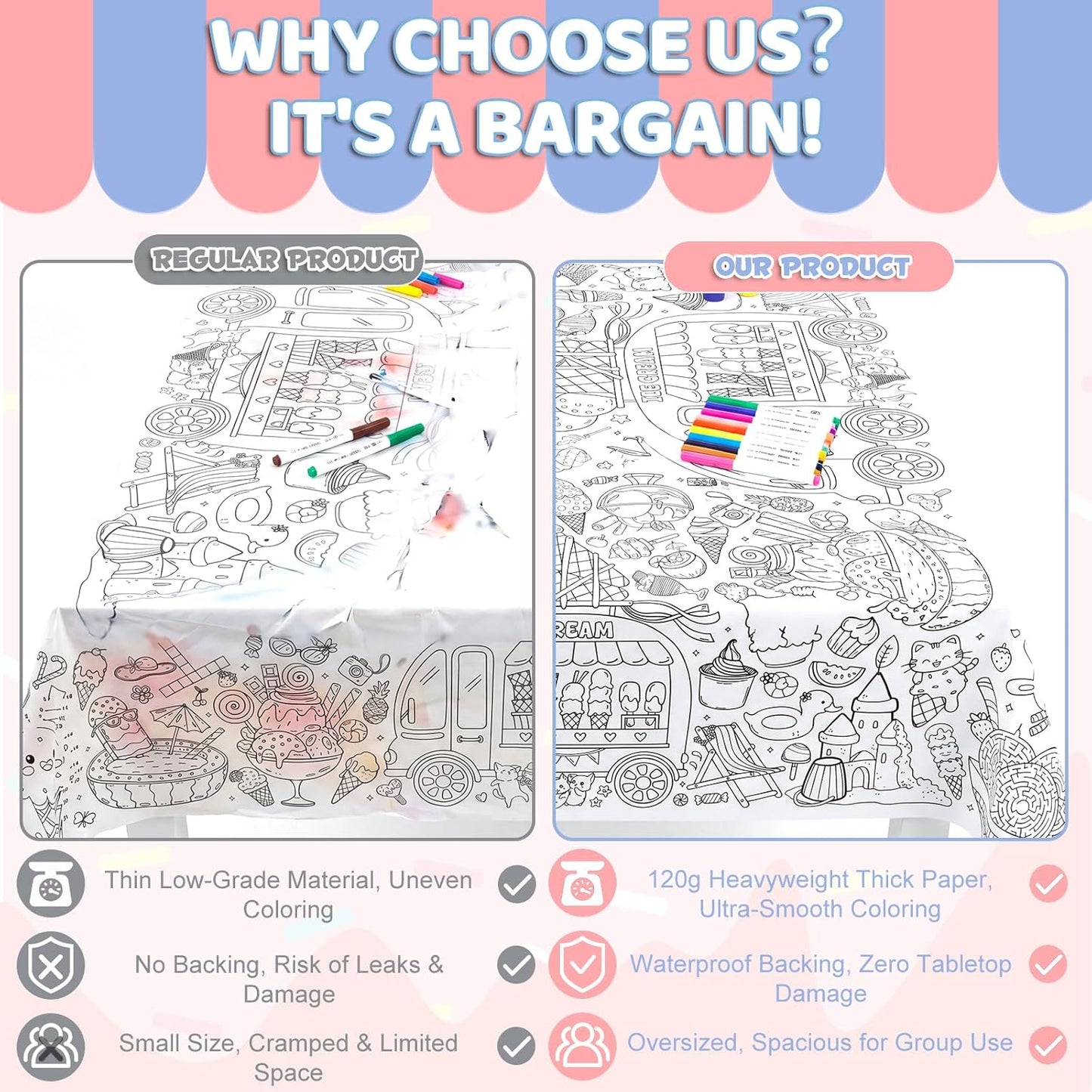 Happy Birthday Giant Coloring Poster/Tablecloth, 30 x 72 Inch Birthday Craft for Kids Art Crafts Paper Banner Kid Games Activities,Coloring Tablecloth Crafts for Classroom Wall School Home Parties