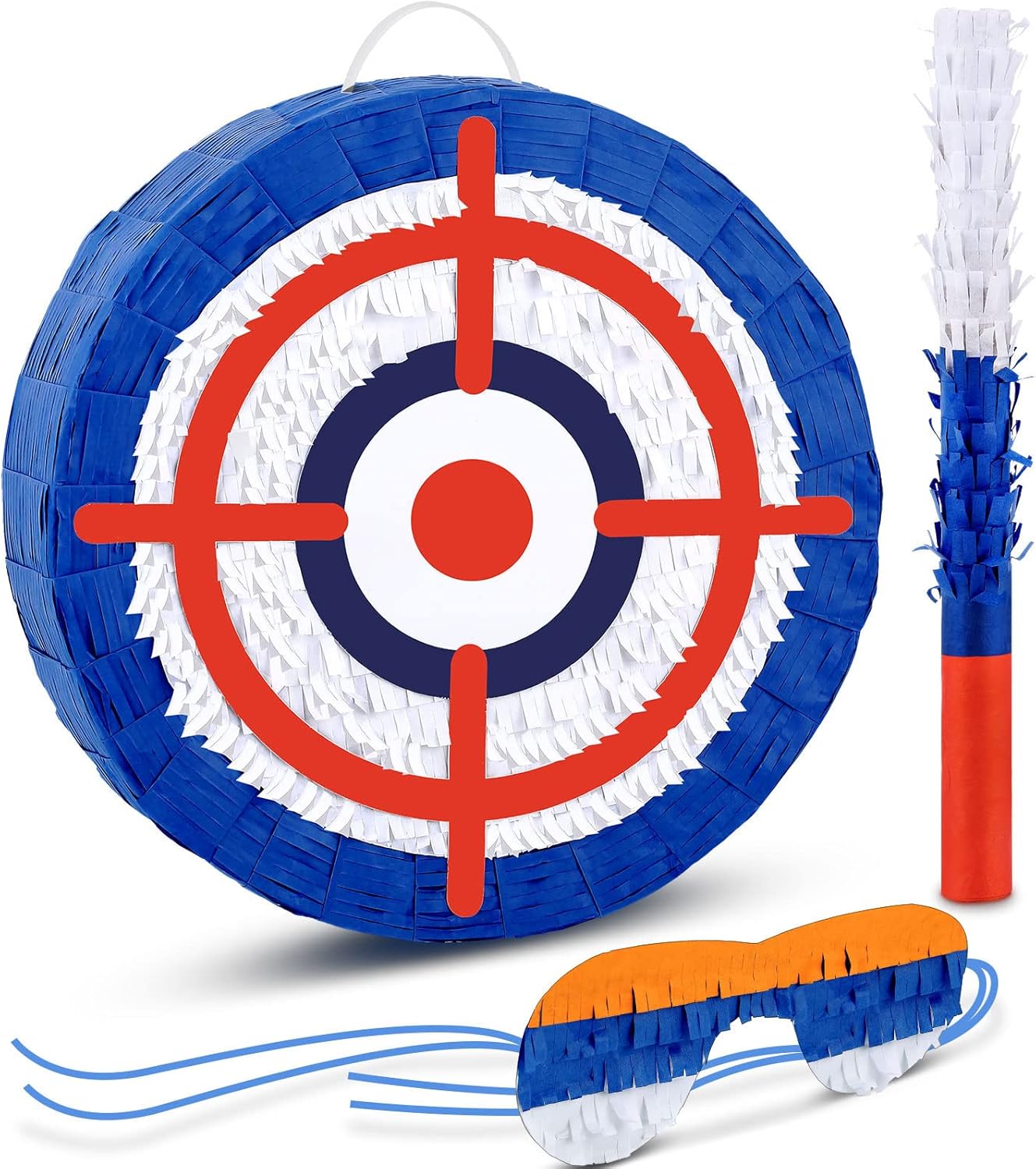 Deekin 3 Pcs Dart Piñata Set Include Large Dart Gun Shooting Target Piñata with Stick Eye Mask for Kids Birthday Party Game Favors Supplies 12.8x12.8 Inch