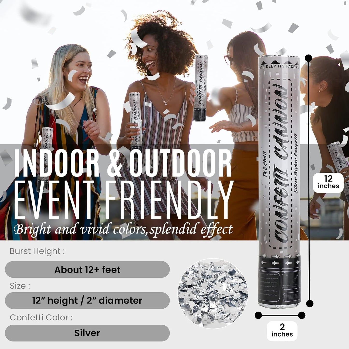12 Inch Confetti Cannons (6 Pack) – Silver Mylar Confetti Poppers - Air Powered Party Poppers Confetti Shooters for Birthday, Wedding, Graduation, Christmas, New Year Celebrations