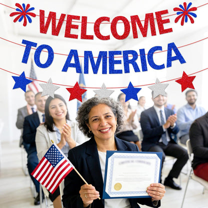 Welcome to America Banner - Patriotic Red White Blue Welcome Sign for New Citizen & Citizenship Parties | Home Community Event Decor, Naturalization Celebration