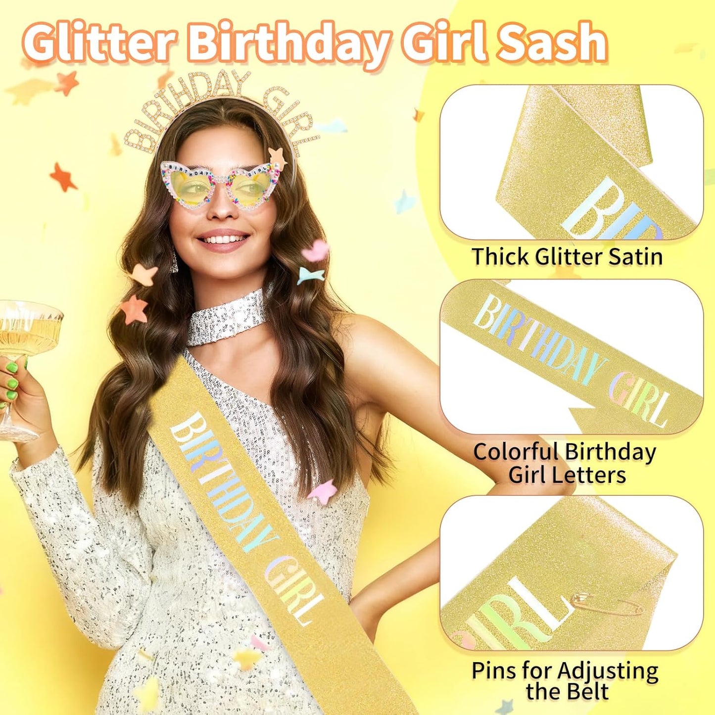 3Pcs Birthday Girl Sash Headband Set-Birthday Sash Tiara and Crown Sunglasses for Girls Women