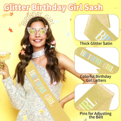 3Pcs Birthday Girl Sash Headband Set-Birthday Sash Tiara and Crown Sunglasses for Girls Women