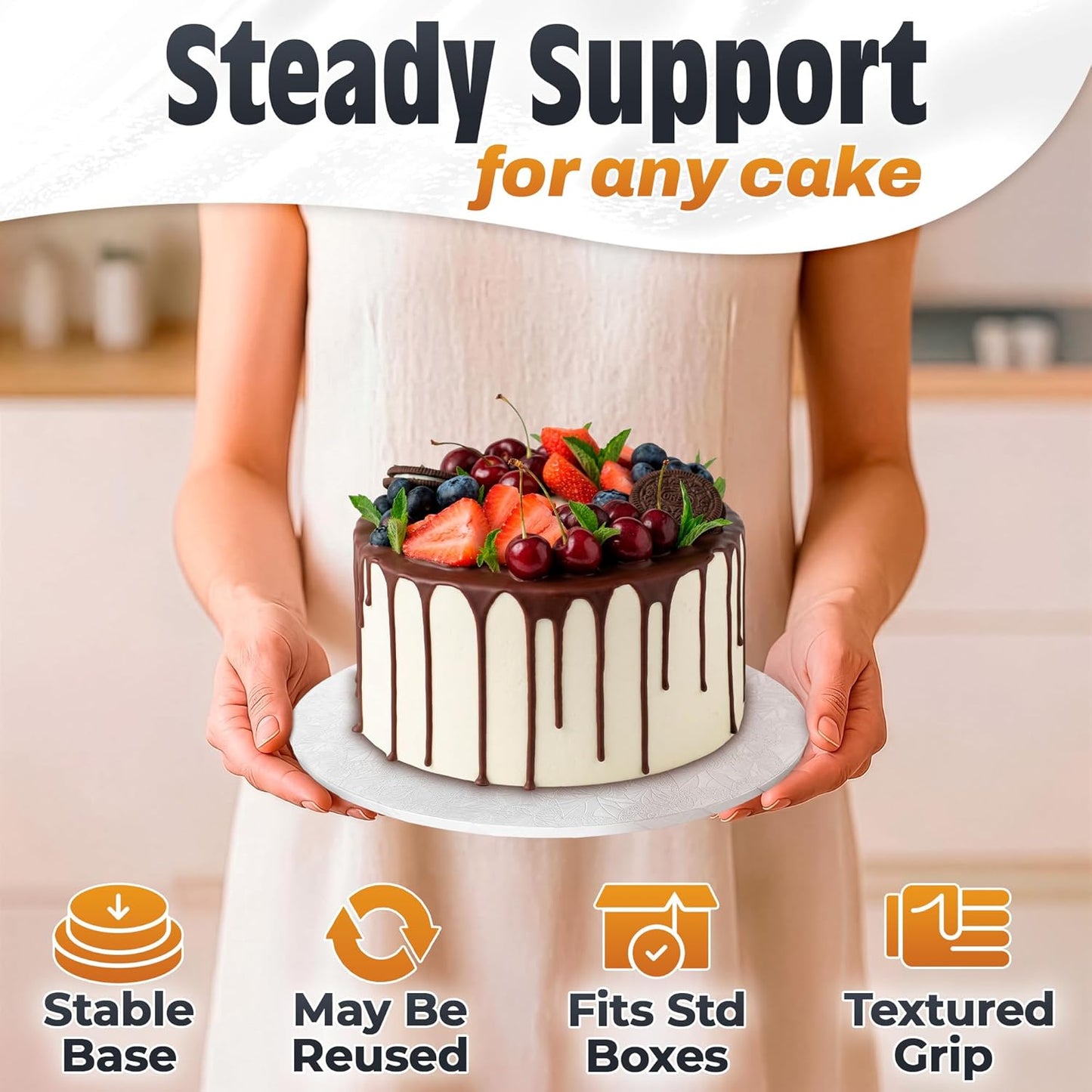 12 Inch Cake Drum, Black Cake Board for Picture-Ready Celebration Cakes, 1/2 Inch Thick Round Cardboard Base with Grease & Moisture Resistant Surface and Decorative Pattern for Parties and Weddings