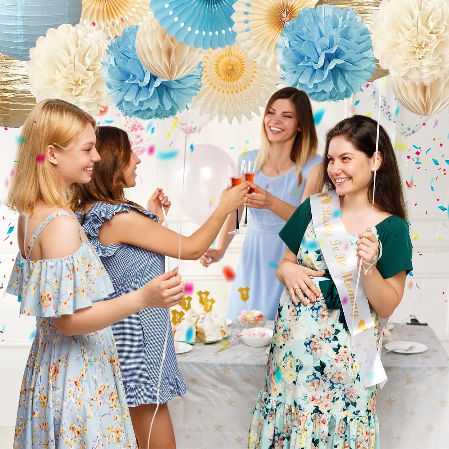 Tissue Paper Pom Poms - 23 PCS Dusty Blue Paper Flowers Pom Pom Kit Circle Dot Party Banner Hanging Swirl Party Decorations for Wedding Birthday Baby Shower Bridal Shower Tea Party