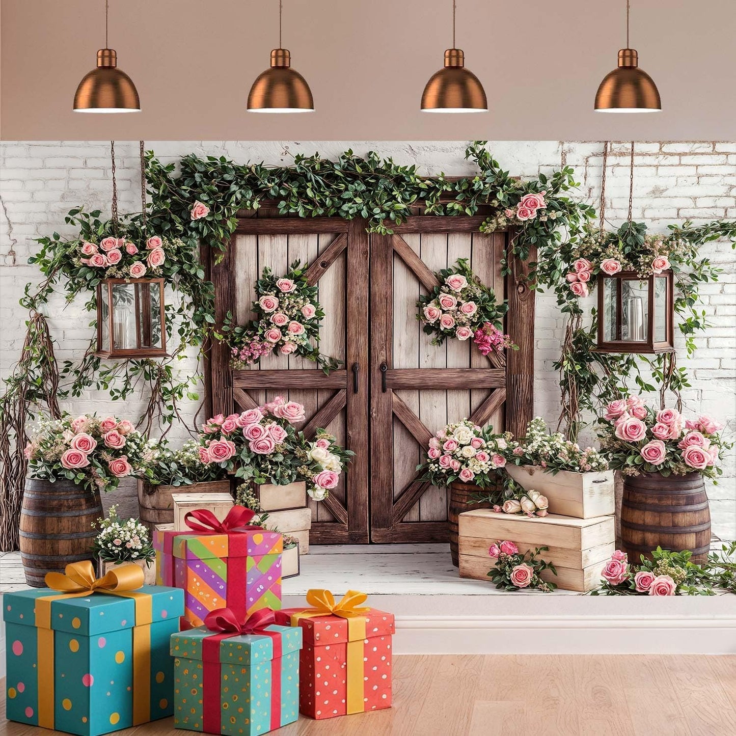 10x8ft Country Wedding Photography Backdrop Rustic Barn Door Photography Backdrop Farmhouse Pink Flower Cabin Wooden Birthday Baby Shower Wedding Bridal Party Banner Photo Booth Props Background