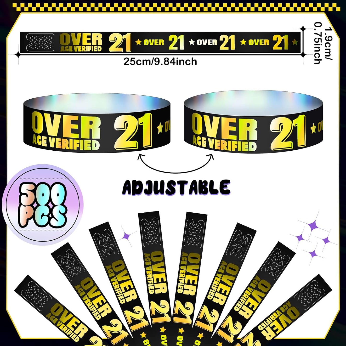 Ferraycle Over 21 Wristbands Holographic Events Wristbands Plastic Party Bracelets Waterproof Bracelets Arm Bands for Events Concerts
