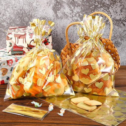 100 Pcs Star Printed 5"X 7" Gift Wrap Cello Cellophane Treat Bags Party Favor bags Clear Candy Cookie Bag Plastic Poly Goodie Storage Bag with Twist Ties for Bakery,Birthday, Wedding ,Party Decorations (Gold)