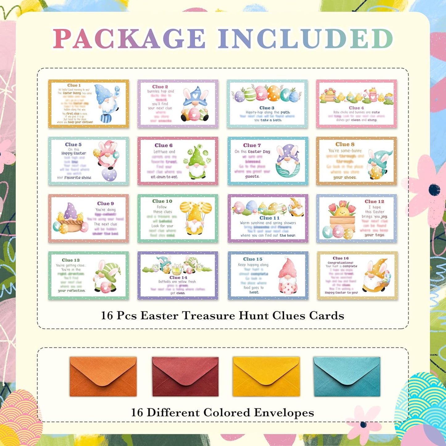 Easter Scavenger Hunt, Easter Gnomes Treasure Hunt Clues Cards with Envelopes, Easter Games for Adults, Easter Egg Hunt Supplies, Easter Party Decorations Spring Activities -01