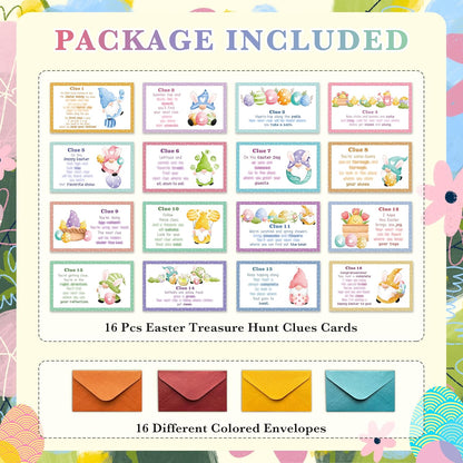 Easter Scavenger Hunt, Easter Gnomes Treasure Hunt Clues Cards with Envelopes, Easter Games for Adults, Easter Egg Hunt Supplies, Easter Party Decorations Spring Activities -01