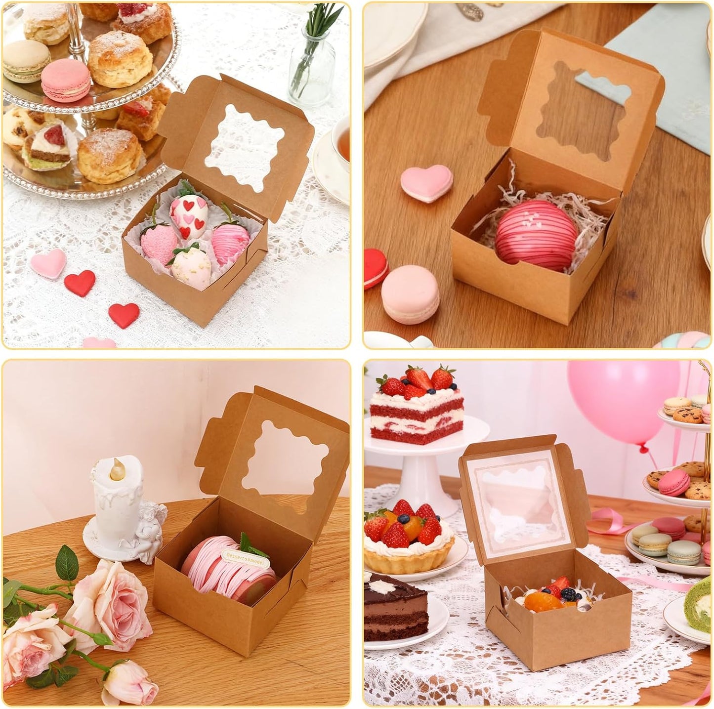 Moretoes 120pcs White Bakery Boxes, 4x4x2.5 Inch Cookie Boxes with Window for Small Cake, Treats, Donuts, Candy