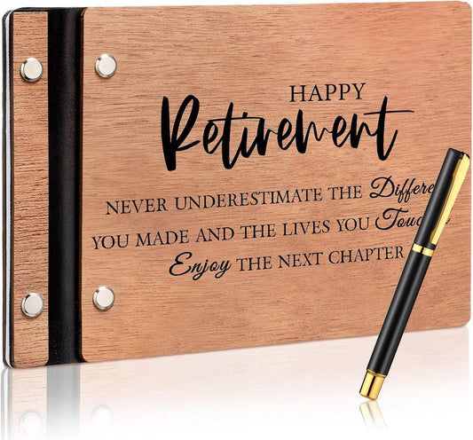 Skyygemm Wood Retirement Guest Book with Signature Pen Retirement Party Decorations Supplies Gifts for Women Men Office Colleague Advice and Wishes(Happy Retirement)