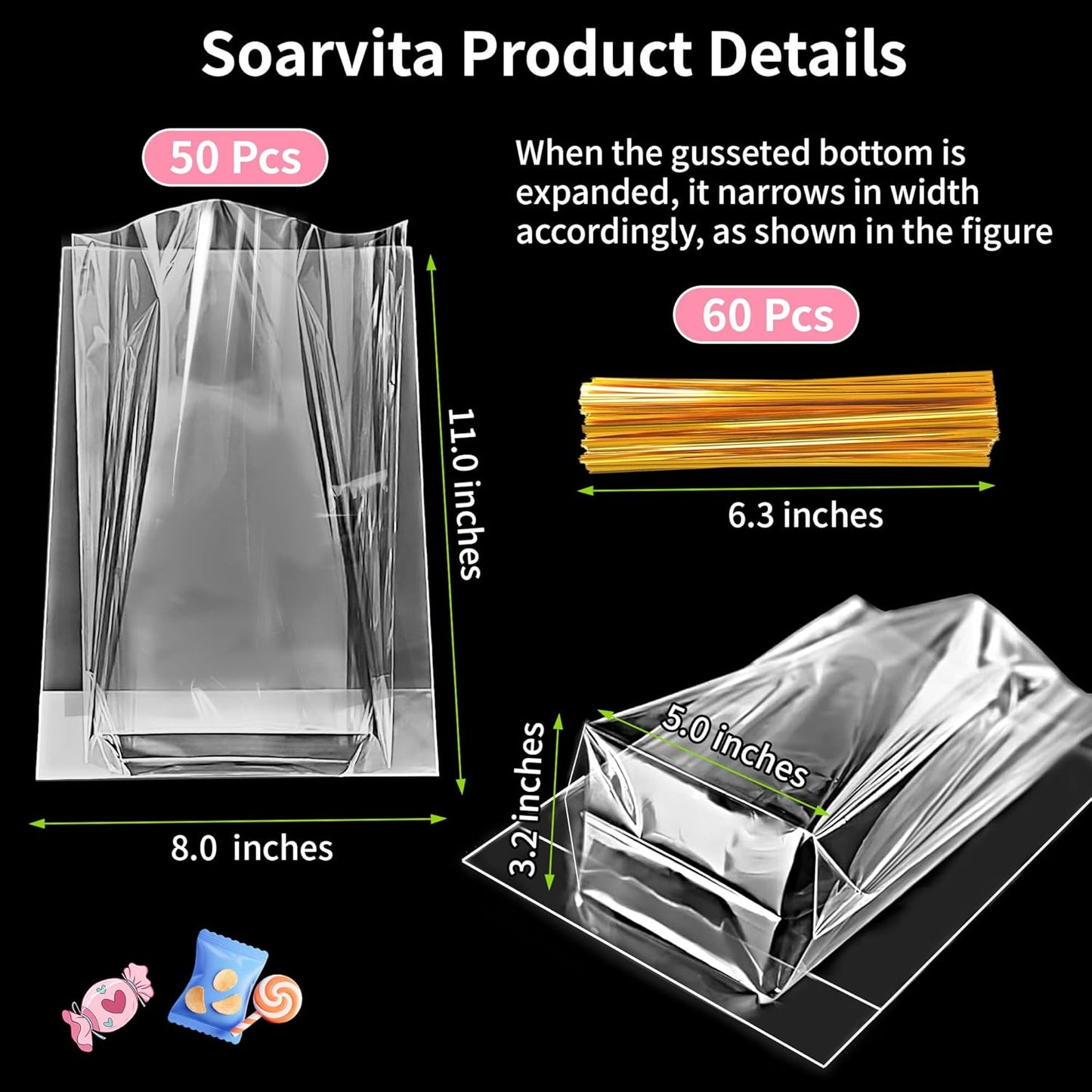 Soarvita 7x10 Inch Cellophane Treat Bags, 50 Pcs Clear Gift Bags with Bottom Gusset for Stand-Up Display, Cellophane Gift Wrap with 60 Gold Ties for Goodies, Treats, Candy, Party Favors, Toys