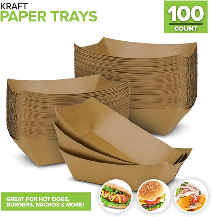 [250 Pack] Medium Disposable Brown Kraft Paper Food Trays, 1-Lb Concession Tray, Serving Boats for Party Snacks, Taco Bar, Seafood, Nachos Plates